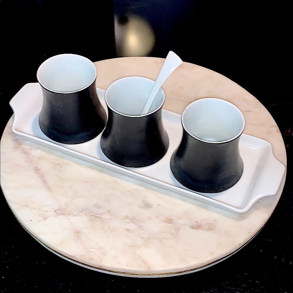 NOCHE BLOCK CONDIMENT SET 5PC VINTAGE 1969 SPAIN BLACK WHITE PORCELAIN